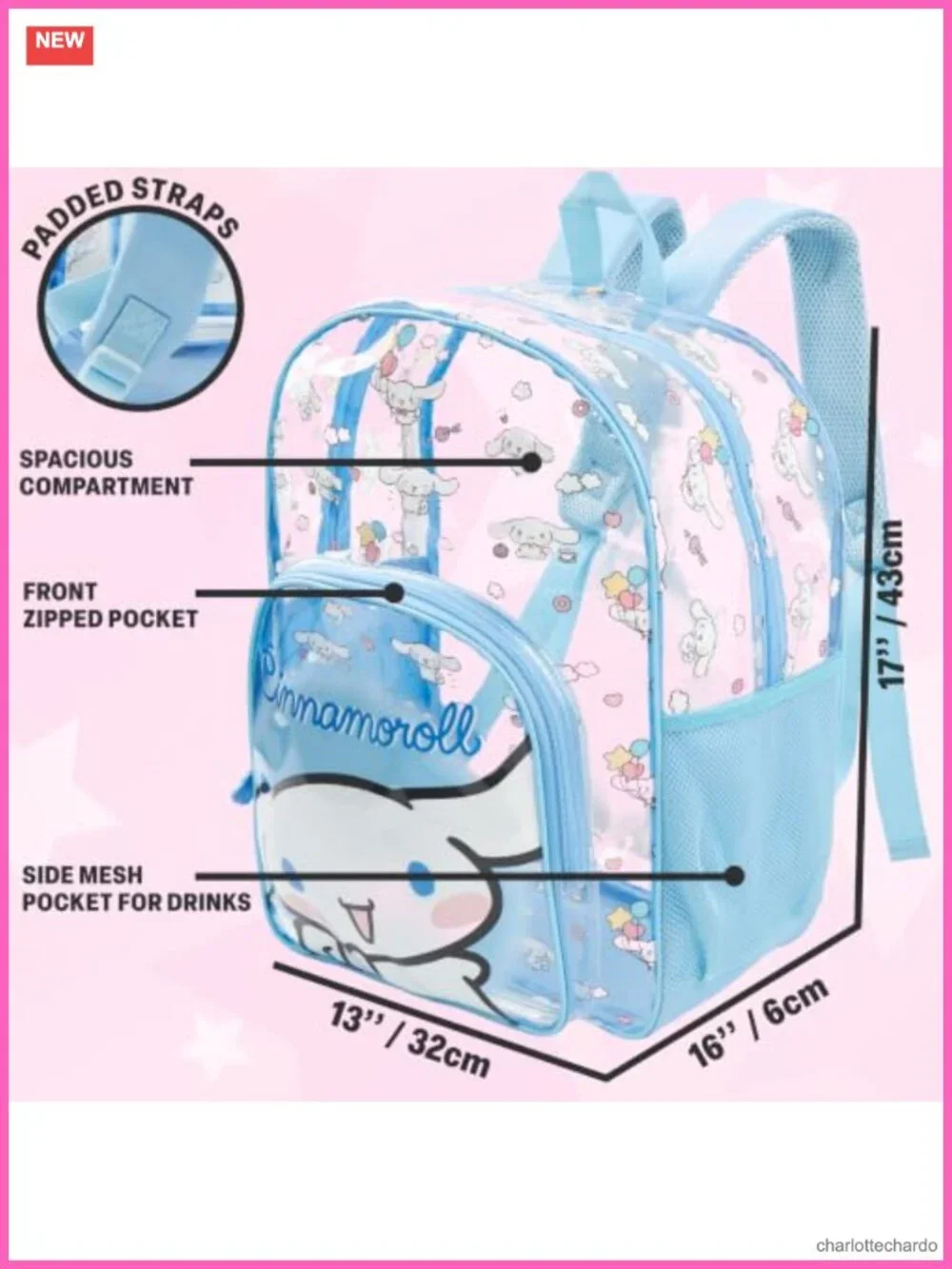 Transparent Clear Backpack with Sanrio Kawaii Print, Daypack Backpack, PVC and